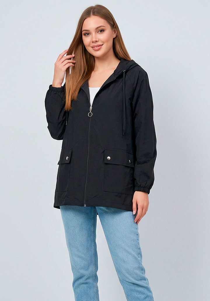 Kadın Siyah Kapüşonlu Fermuarlı Cepli Yağmurluk Rüzgarlık - 3
