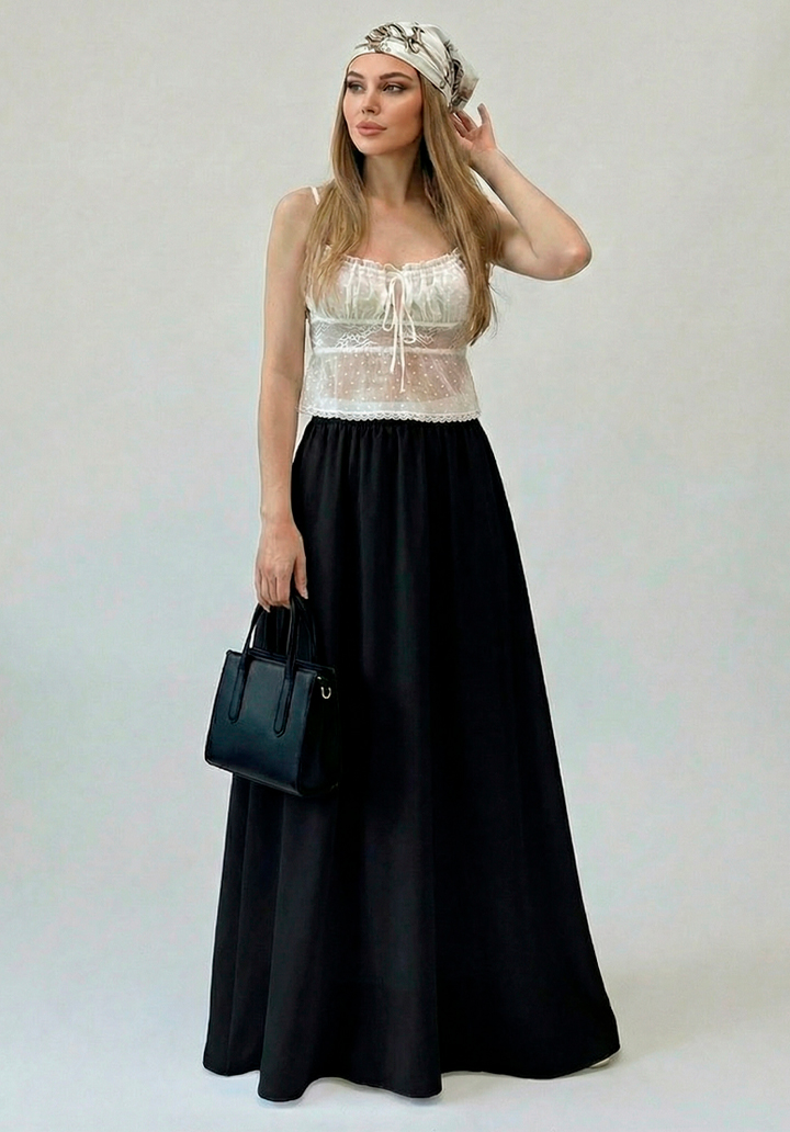 Kadın Astarlı Trikoton Kumaş Maksi Boy Yüksek Bel Salaş Kesim Etek  - 3