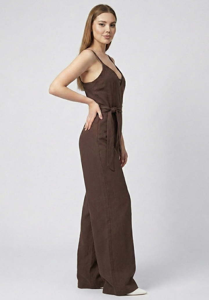 Kadın İnce Askılı V Yaka Kuşaklı Göğüs Dekolte Detaylı Geniş Paça Tulum - 3