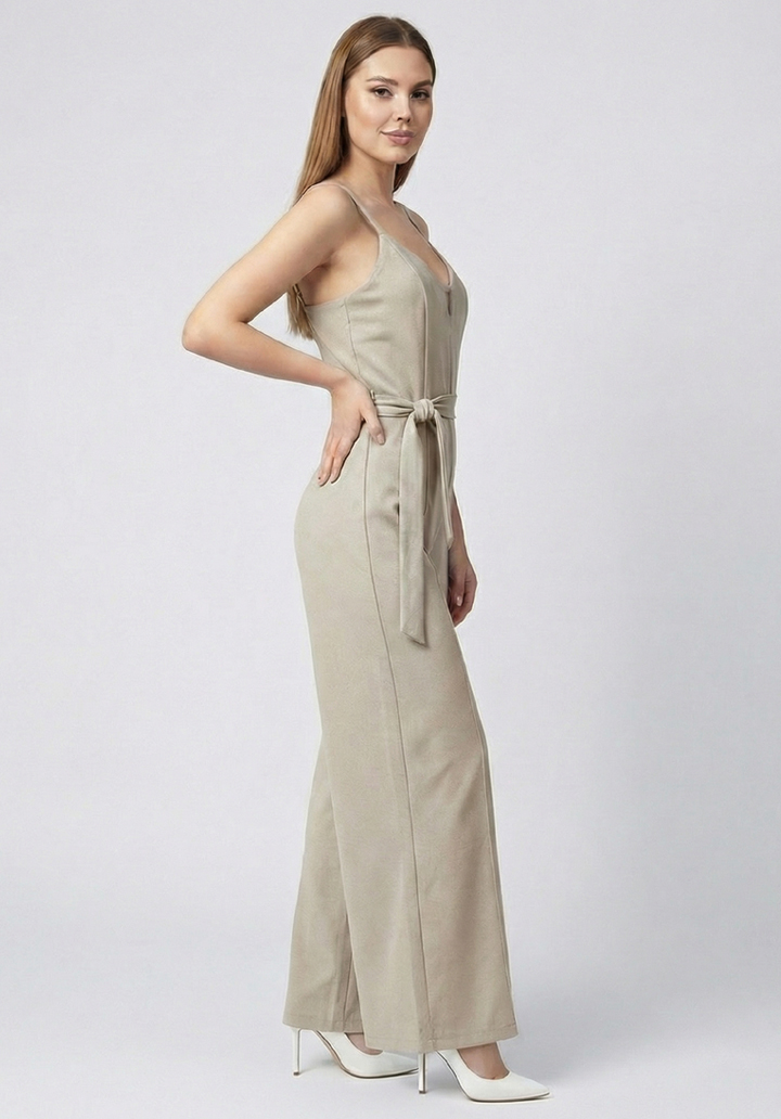 Kadın İnce Askılı V Yaka Kuşaklı Göğüs Dekolte Detaylı Geniş Paça Tulum - 3