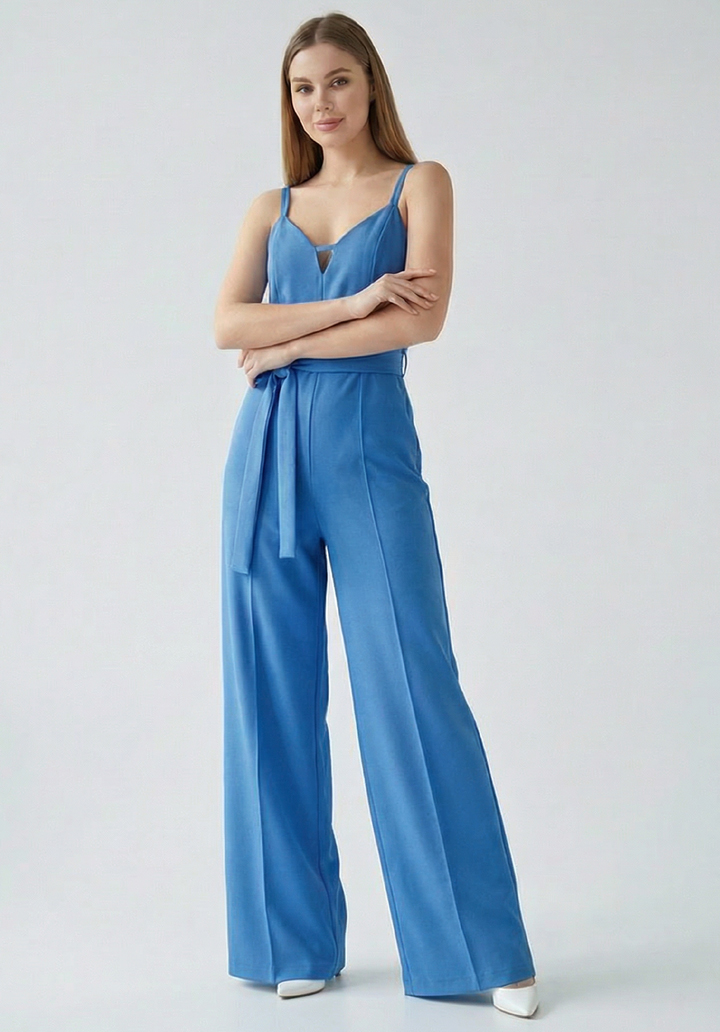 Kadın İnce Askılı V Yaka Kuşaklı Göğüs Dekolte Detaylı Geniş Paça Tulum - 3