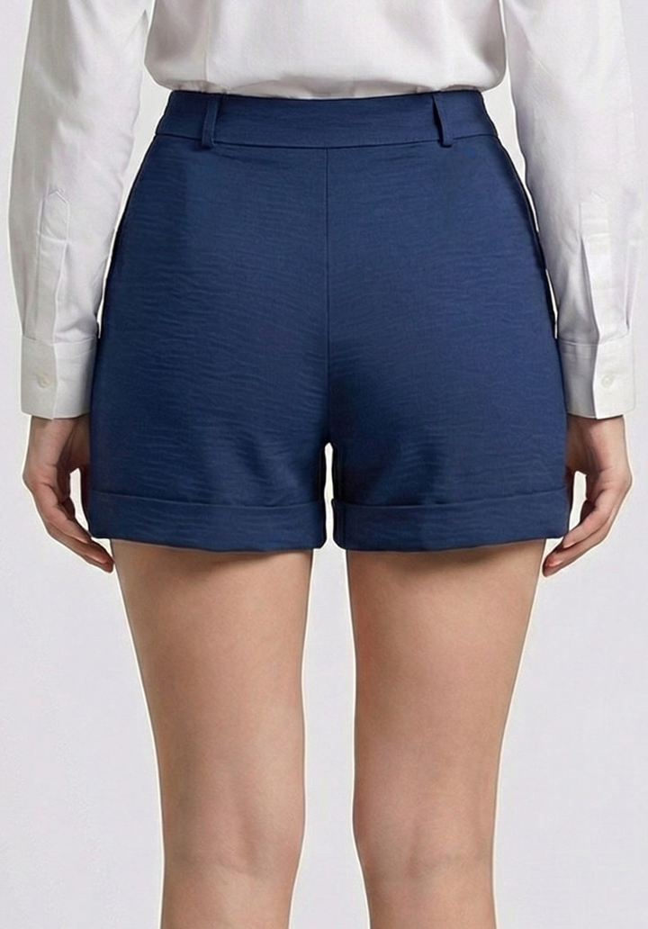 Kadın Lacivert Keten Karışımlı Yüksek Bel Duble Paça Şort - 3