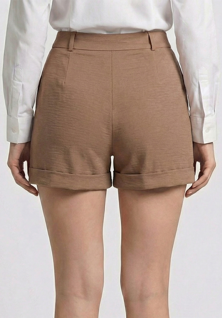 Kadın Kahverengi Keten Karışımlı Yüksek Bel Duble Paça Şort - 3