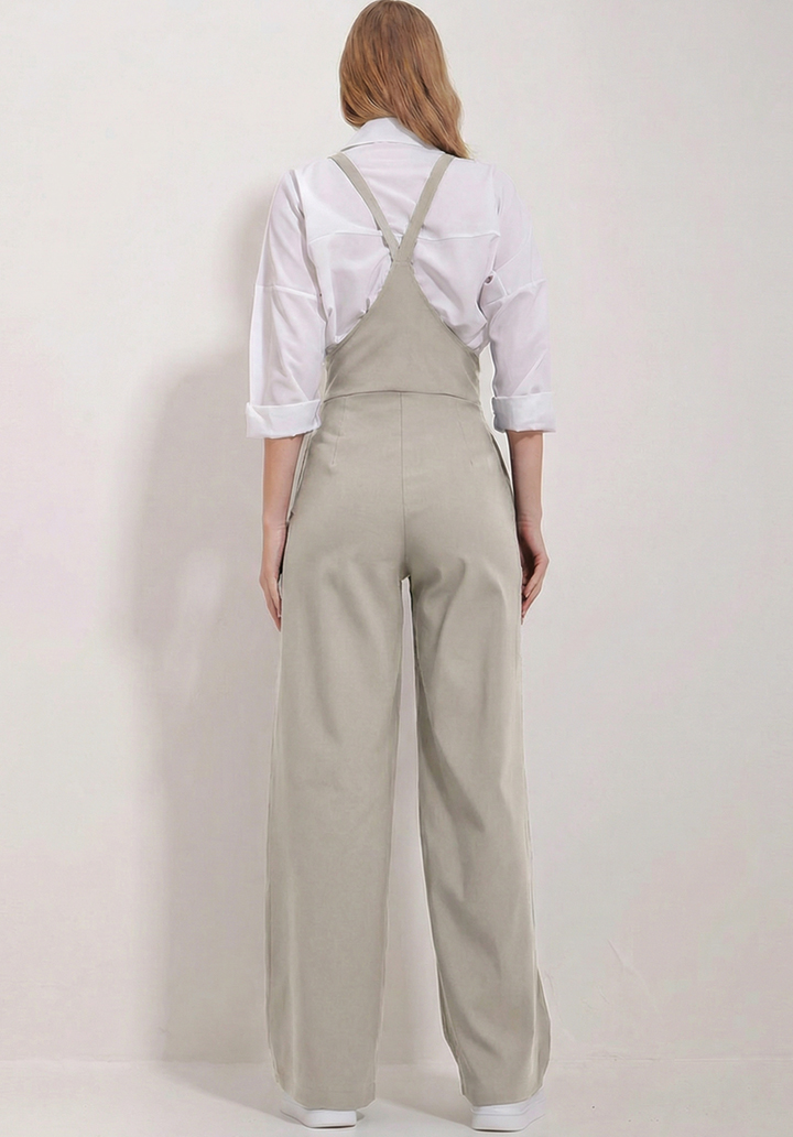 Kadın Gri Likralı Double Krep Cepli Askılı Salopet Tulum - 3