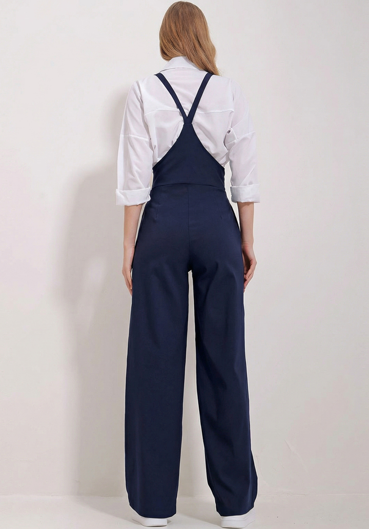 Kadın Lacivert Likralı Double Krep Cepli Askılı Salopet Tulum - 3