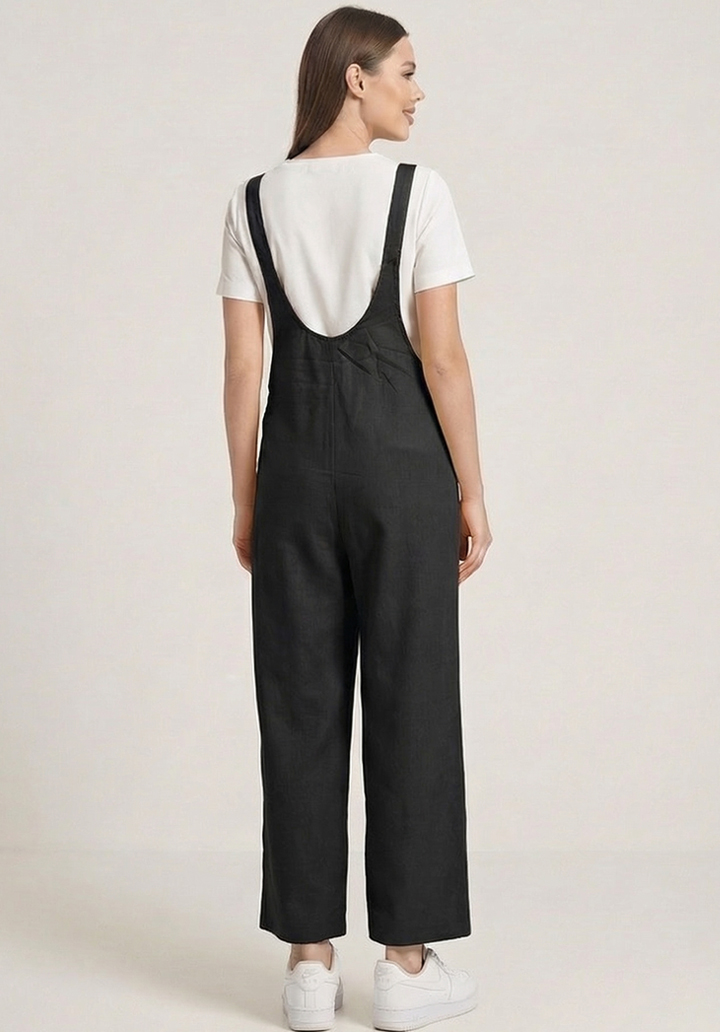 Kadın Geniş Paça Keten Görünümlü Bahçıvan Askılı Rahat Kesim Salopet Tulum - 3