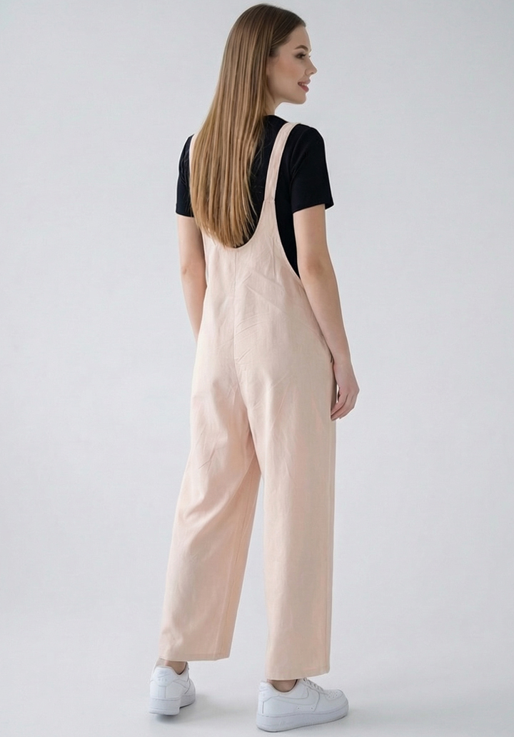 Kadın Geniş Paça Keten Görünümlü Bahçıvan Askılı Rahat Kesim Salopet Tulum - 3