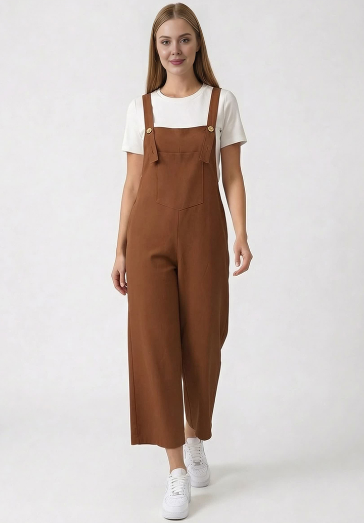 Kadın Geniş Paça Keten Görünümlü Bahçıvan Askılı Rahat Kesim Salopet Tulum - 3