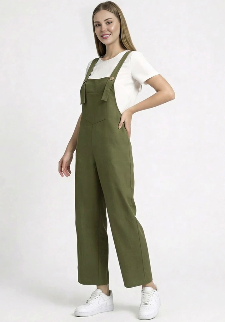 Kadın Geniş Paça Keten Görünümlü Bahçıvan Askılı Rahat Kesim Salopet Tulum - 3