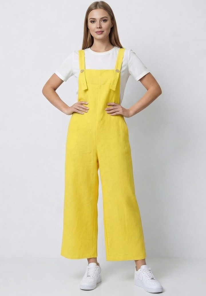 Kadın Geniş Paça Keten Görünümlü Bahçıvan Askılı Rahat Kesim Salopet Tulum - 3