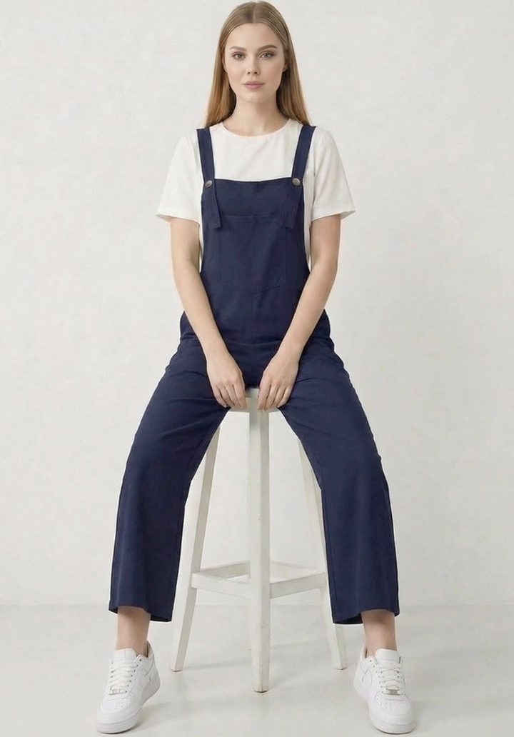 Kadın Geniş Paça Keten Görünümlü Bahçıvan Askılı Rahat Kesim Salopet Tulum - 3