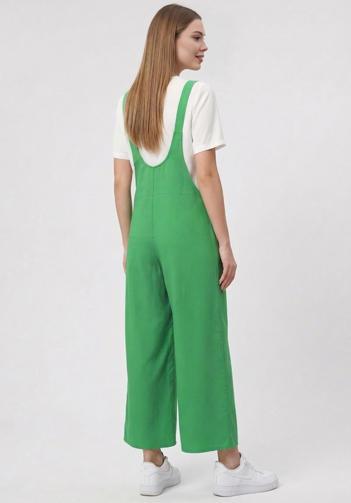 Kadın Geniş Paça Keten Görünümlü Bahçıvan Askılı Rahat Kesim Salopet Tulum - 3