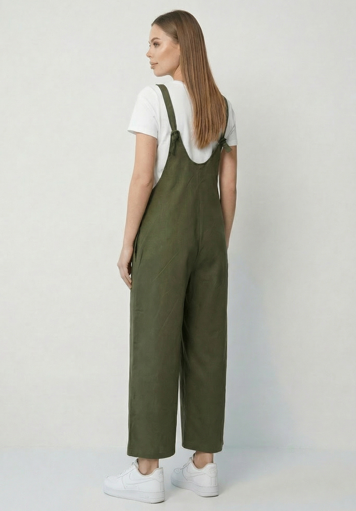 Kadın Siyah Keten Karışımlı Cepli Arkadan Bağlamalı Askılı Tulum - 3