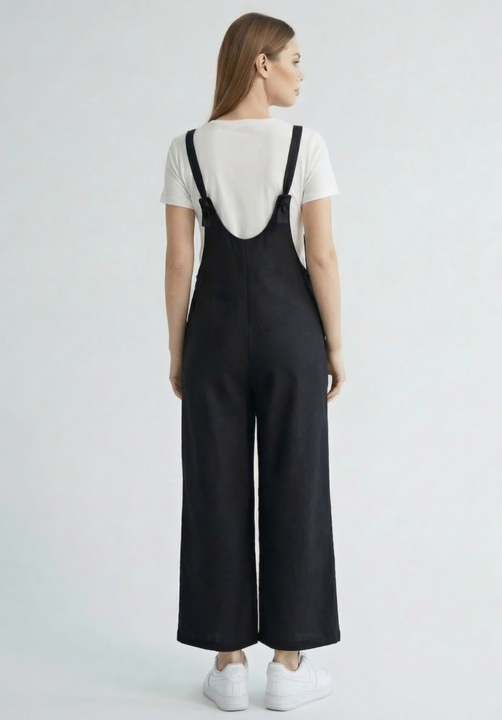 Kadın Siyah Keten Karışımlı Cepli Arkadan Bağlamalı Askılı Tulum - 3