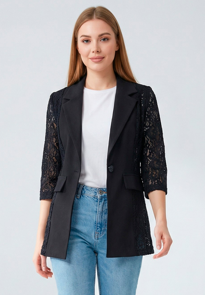 Kadın Siyah Kolu Dantelli Blazer Ceket - 3