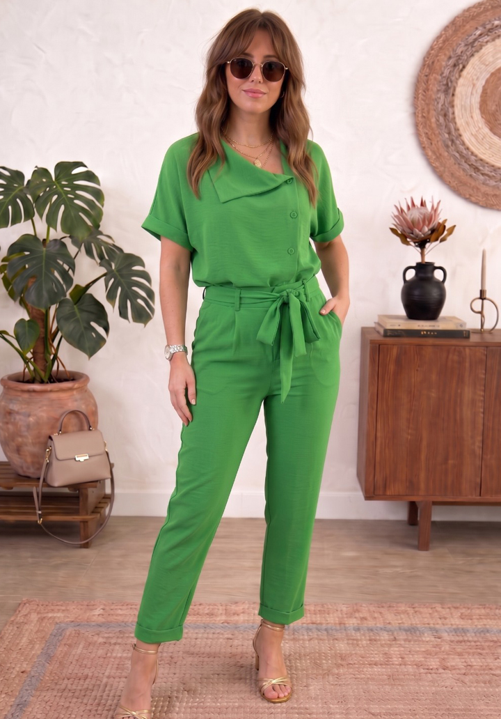 Kadın Bürümcük Kumaş Asimetrik Yaka Kısa Kollu Alt Üst Takım - Yeşil - 3