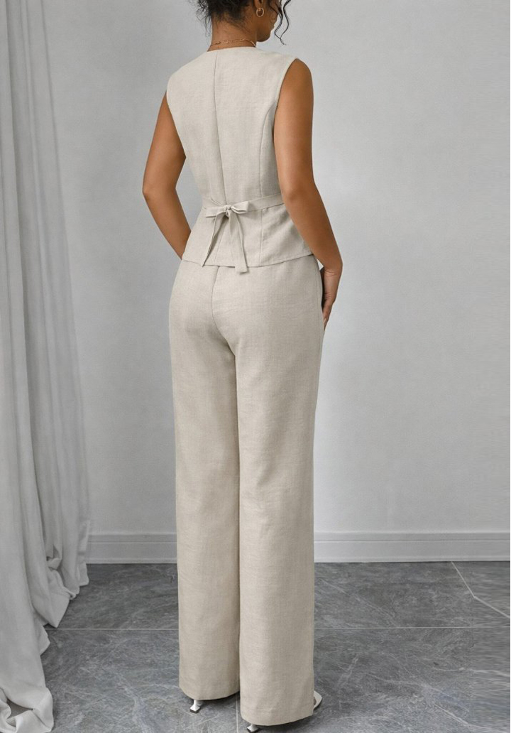 Kadın Önden Düğmeli Keten Yelek ve Pantolon İkili Takım - 3