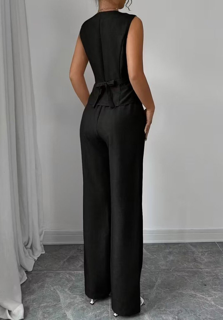 Kadın Önden Düğmeli Keten Yelek ve Pantolon İkili Takım - 3