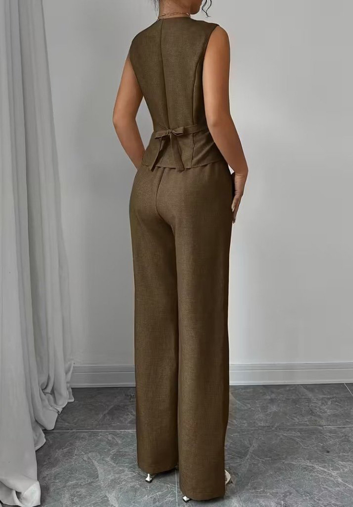 Kadın Önden Düğmeli Keten Yelek ve Pantolon İkili Takım - 3