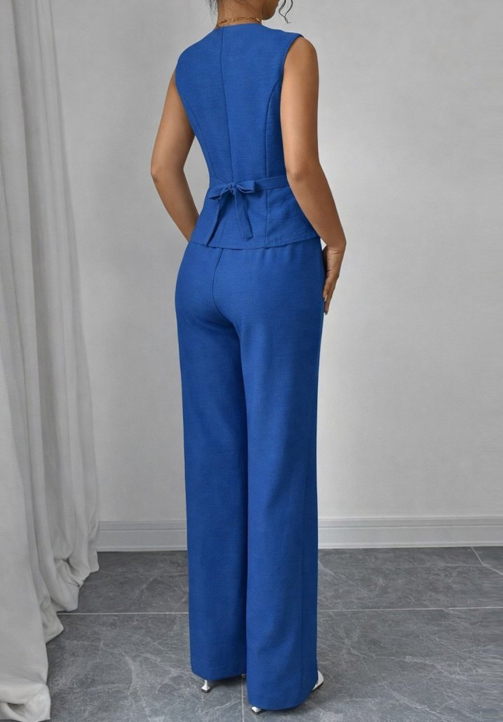 Kadın Önden Düğmeli Keten Yelek ve Pantolon İkili Takım - 3