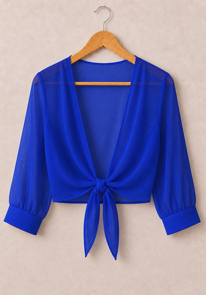 Önden Bağlamalı Şifon Bolero - Mavi - 3