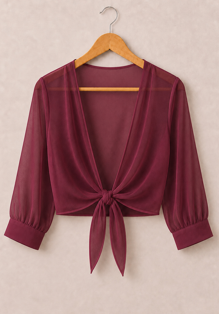Önden Bağlamalı Şifon Bolero - Bordo - 3