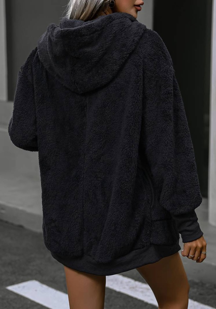 Kadın Uzun Kollu Kapşonlu Fermuarlı Cepli Uzun Peluş Ceket  - 4