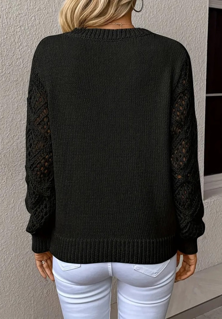 Kadın Uzun Kollu V Yaka Kol Delikli Baklava Desen Detaylı Triko Kazak  - 4