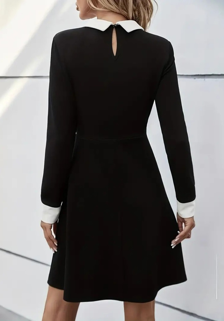 Kadın Uzun Kollu Yakalı A Kesim Kısa Ithal Krep Elbise  - 4