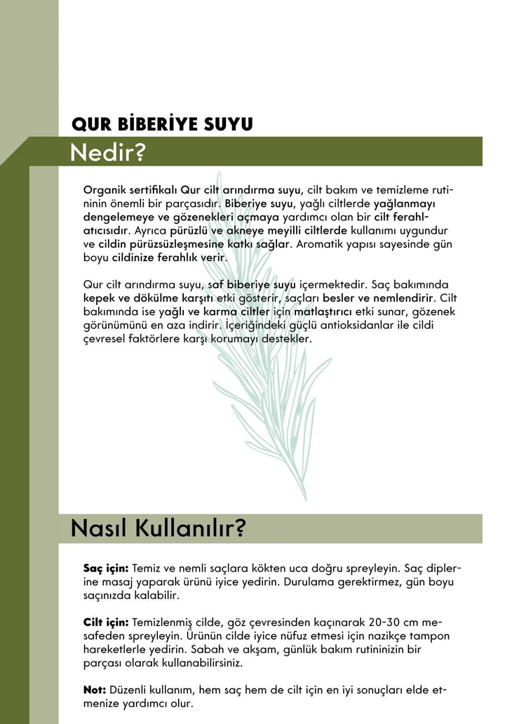 QUR Organik Biberiye Suyu Kepek ve Dökülme Karşıtı, Cilt Temizleyici, Yağlanma Dengeliyici - 4