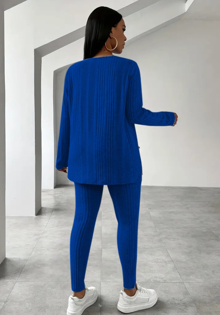 Kadın V Yaka Yanları Yırtmaçlı Bluz ve Tayt İkili Takım - Saks Mavisi - 4