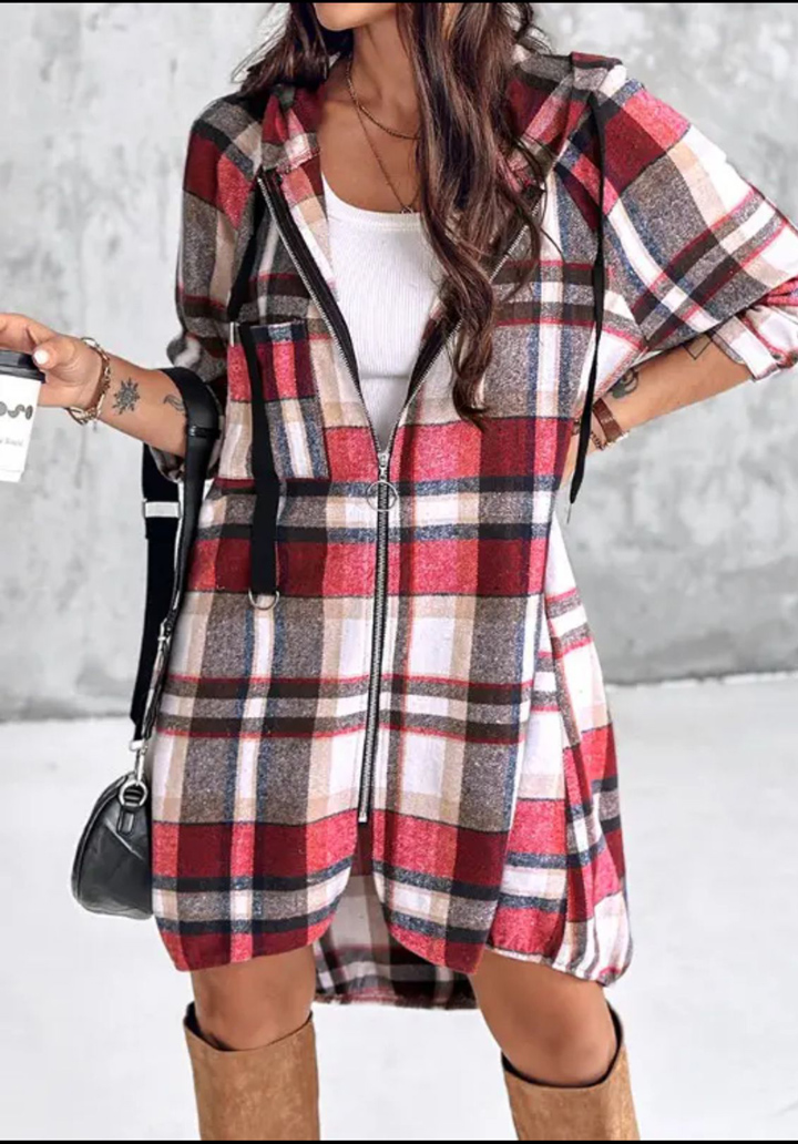 Kadın Kapüşonlu Ekose Desenli Cep Detaylı Şardonlu Ceket - 4