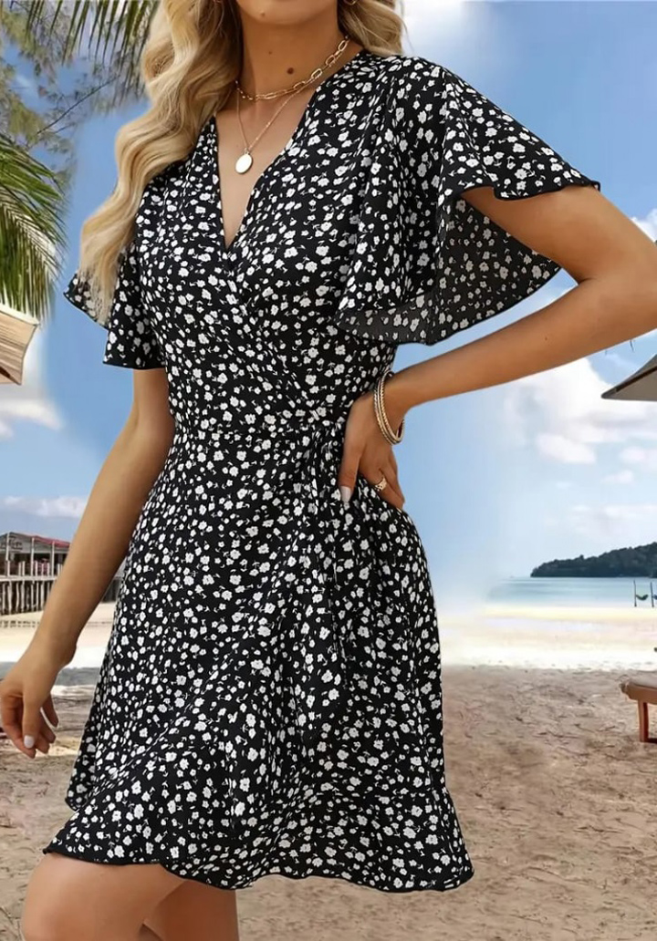 Kadın Kısa Kollu Kolu Ve Eteği Volanlı Fırfırlı Çiçek Desenli Mini Elbise  - 4