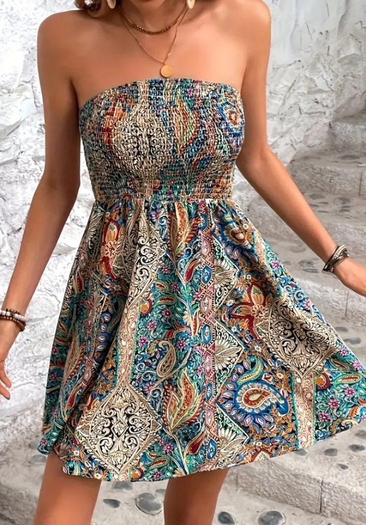 Kadın Straplez Belden Gipeli Dijital Desenli Süprem Elbise  - 4