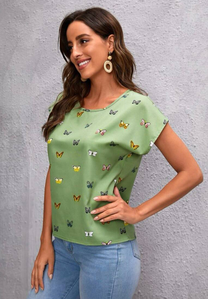 Kadın Kelebek Desenli Mosskrep T-Shirt - Yeşil - 4