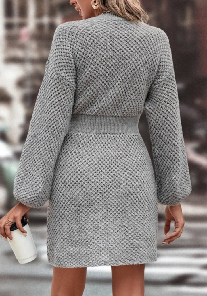 Kadın Uzun Kollu Bisiklet Yaka Balon Kol Bel Lastik Detay Triko Mini Boy Elbise - 4