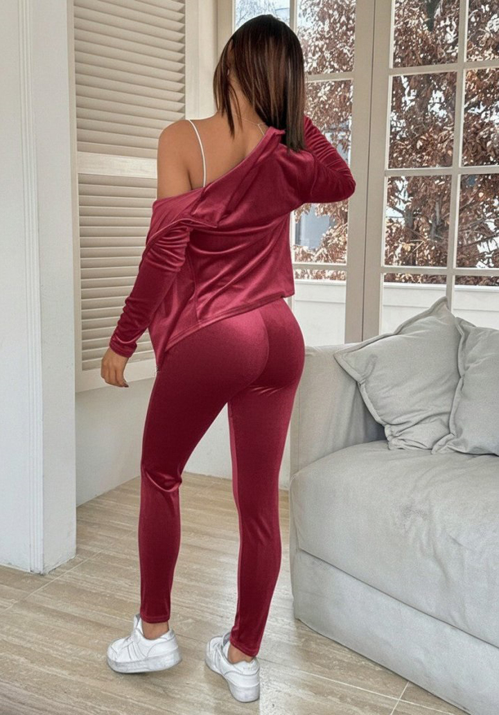 Kadın Uzun Kollu Önden Fermuarlı Kadife Bluz ve Pantolon İkili Takım  - 4