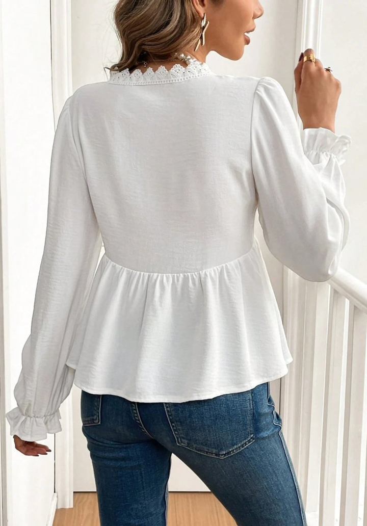 Kadın Uzun Kollu V Dantel Yaka Aerobin Bluz  - 4