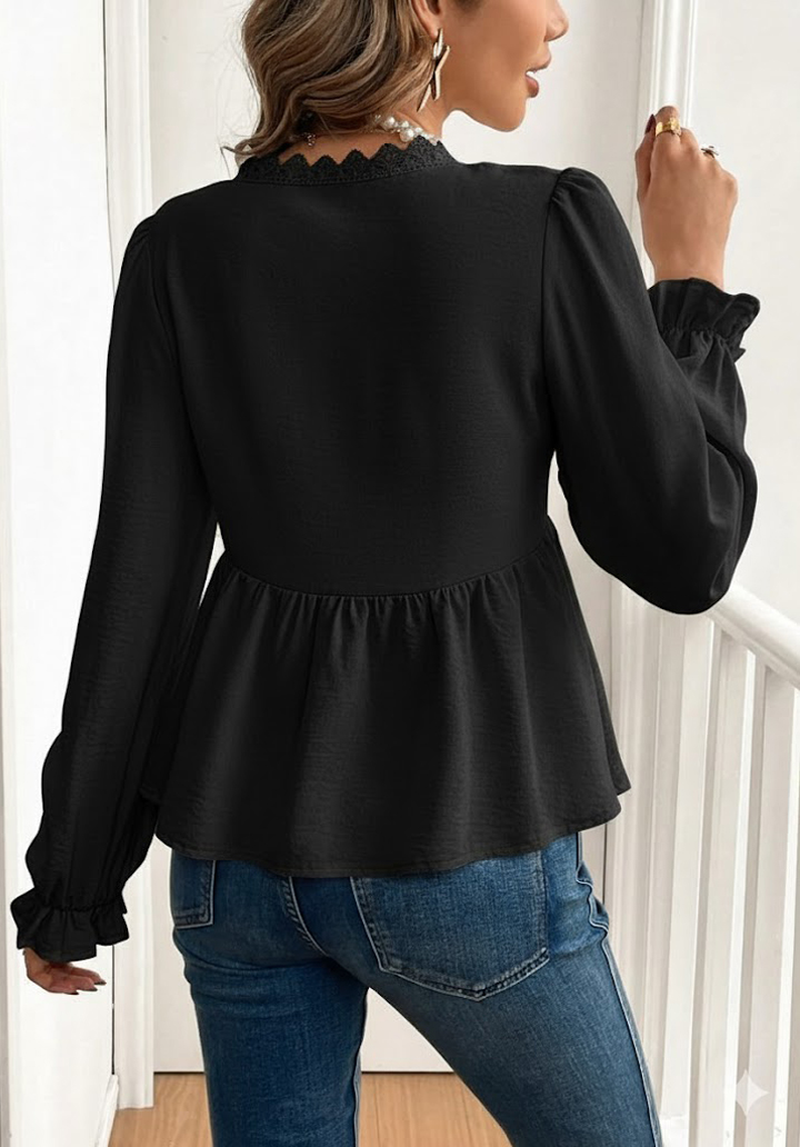 Kadın Uzun Kollu V Dantel Yaka Aerobin Bluz  - 4