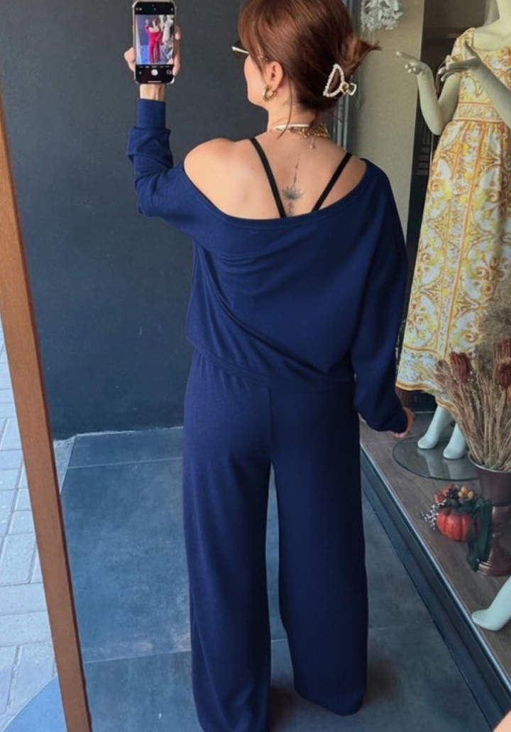 Kadın Uzun Kollu Tek Omuzdan Açık Viskon İki İplik Bluz ve Pantolon İkili Takım - 4