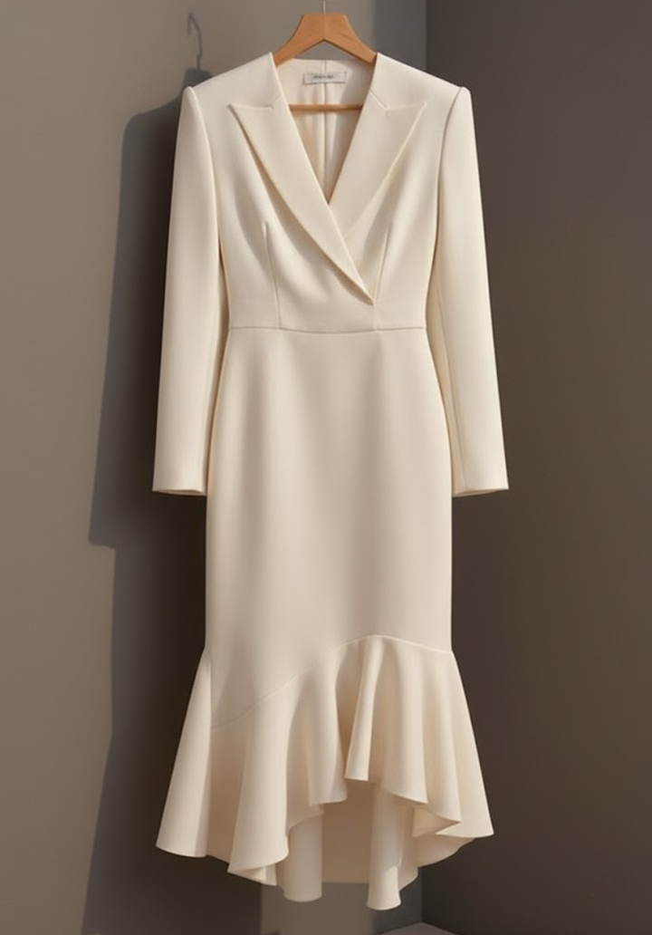 Kadın Uzun Kollu Yakalı Belden Oturtmalı Midi İthal Krep Elbise - 4