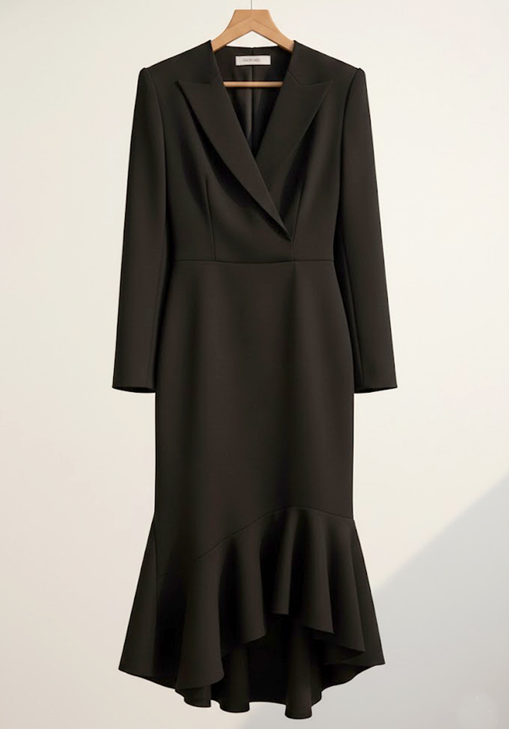 Kadın Uzun Kollu Yakalı Belden Oturtmalı Midi İthal Krep Elbise - 4