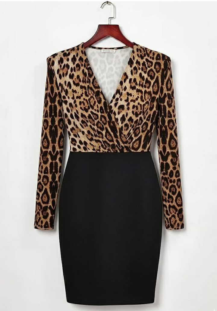 Kadın Uzun Kollu Kruvaze Yaka Üst Modal Alt İthal Krep Mini Elbise  - 4