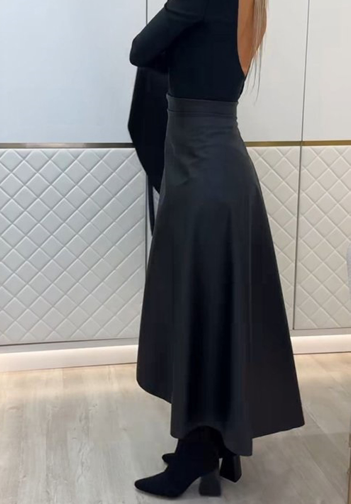 Kadın Belden Kuşaklı Uzun Deri Etek - 4