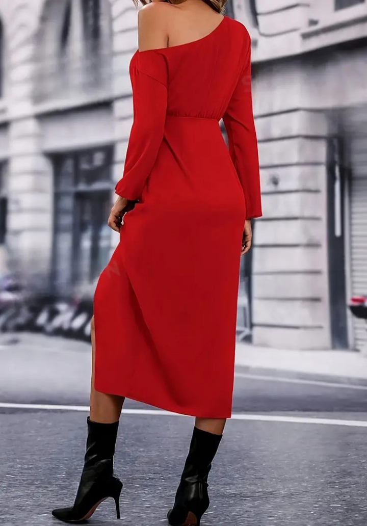 Kadın Uzun Kollu Tek Omuzu Açık Belden Kuşaklı önden çapraz Detaylı Krep Elbise  - 4