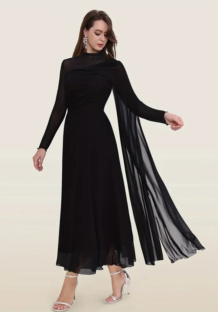 Siyah Sandy Kumaş Balılçı Yaka Tül Detay Uzun Abiye - 4