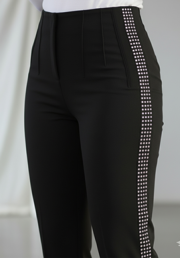 Siyah Yanları Taş Detaylı Yüksek Bel Sigaret Pantolon  - 4