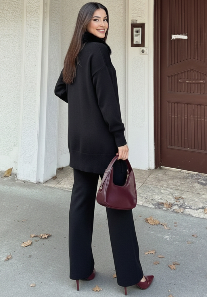 Kürk Yakalı Triko Tunik Pantolon Oversize Alt Üst Takım - 4