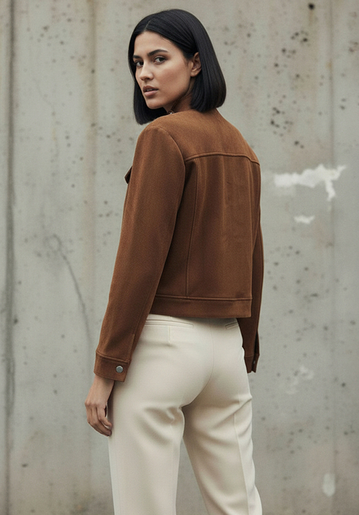 Hakim Yaka Önden Düğmeli Crop Süet Ceket  - 4