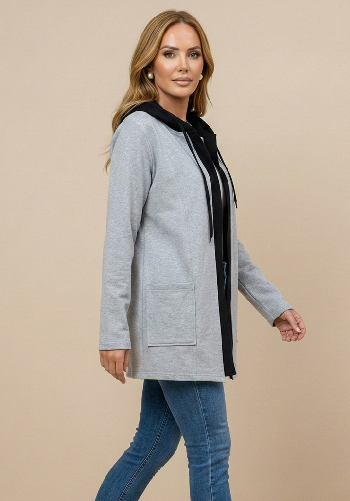 Kapüşonlu İki İplik Kumaş Şardonlu Uzun Hırka - 4